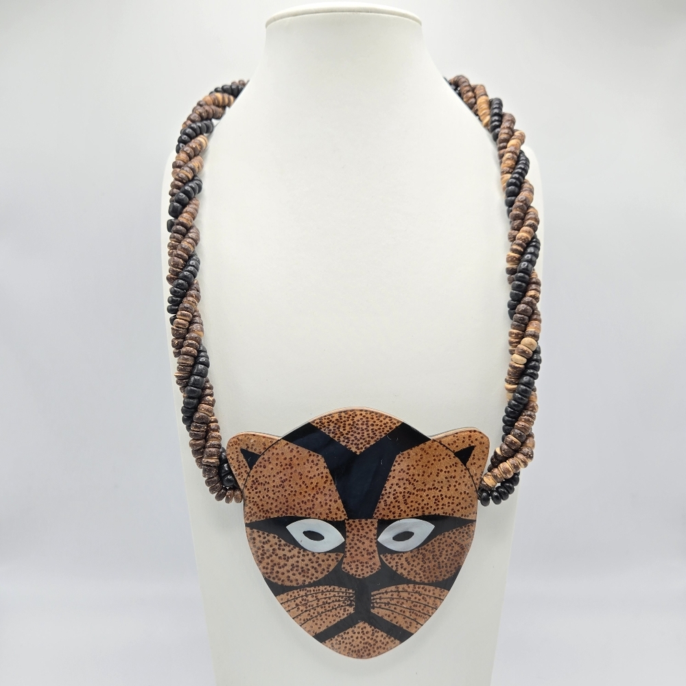 Cheetah Pendant Necklace Inlay Beaded Coconut Mother Of Pearl Boho Bohemian Vtg - Picture 1 of 4
